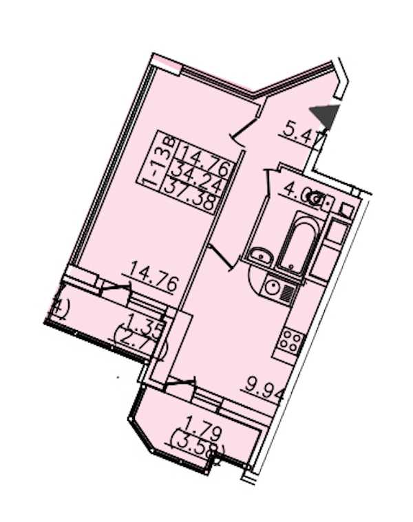 Однокомнатная квартира в : площадь 37.38 м2 , этаж: 21 – купить в Санкт-Петербурге